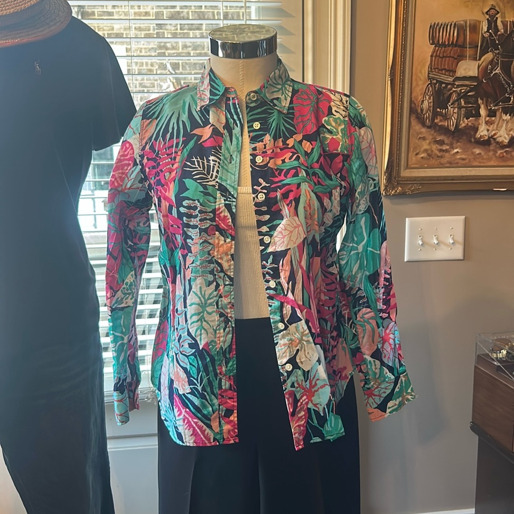 Talbots Sz SP 100% Lightweight Cotton Tropical Floral Button Down Shirt EUC